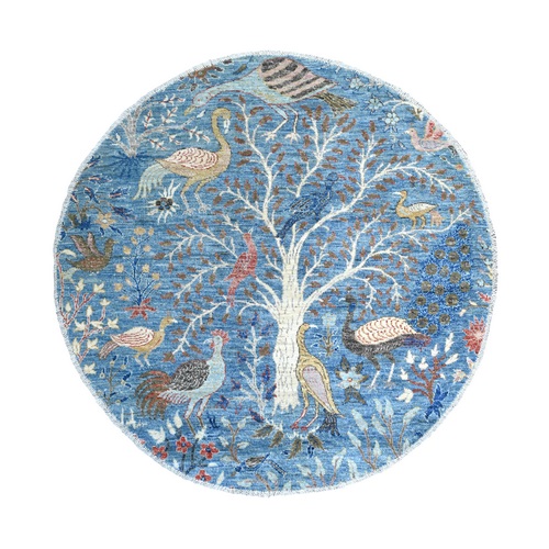Rudy Blue, Organic Wool, Afghan Peshawar with Birds of Paradise, Hand Knotted, Vegetable Dyes, Round, Oriental 