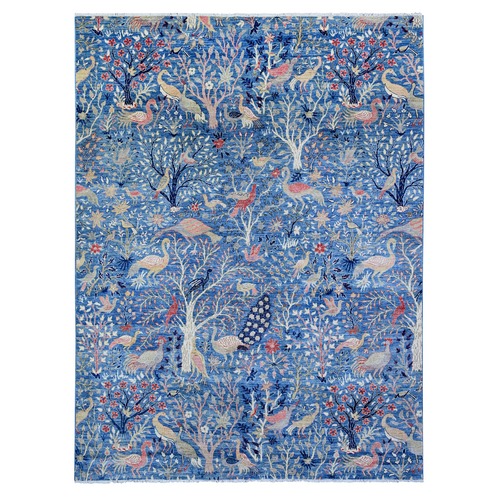 Yale Blue, Natural Dyes, 100% Wool, Afghan Peshawar with Birds of Paradise, Hand Knotted, Oriental 