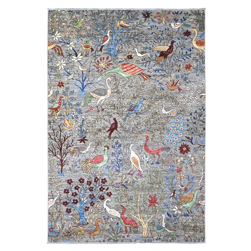 Cloud Gray, Soft Wool, Afghan Peshawar with Birds of Paradise, Hand Knotted, Natural Dyes, Oriental Rug