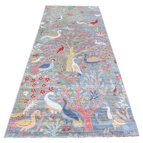 Ice Gray, Afghan Peshawar with Birds of Paradise, Natural Dyes Extra Soft Wool, Hand Knotted, Runner Oriental 
