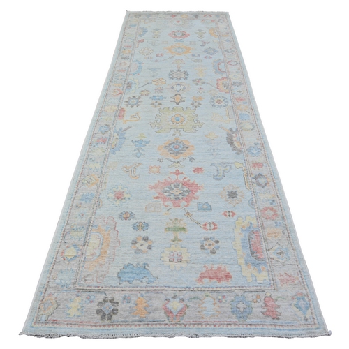 Non-Photo Blue, Afghan Angora Oushak Colorful Floral Motifs, Hand Knotted Pure Wool, Oriental Vegetable Dyes Wide Runner 