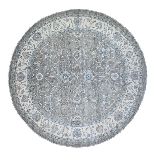Eternity Gray and Spare White, Extra Soft Wool, Hand Knotted Finer Peshawar Heriz With All Over Design Vegetable Dyes, Denser Weave, Round Oriental Rug
