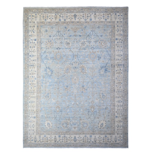 Steel Blue, Washed Out Peshawar with All Over Floral Design, Pure Wool, Distressed, Hand Knotted, Oriental Rug