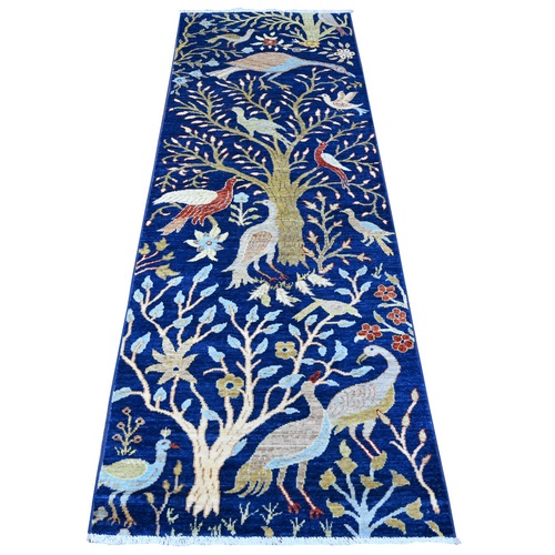 Air Force Blue, Afghan Peshawar with Birds of Paradise, Hand Knotted, Vegetable Dyes, 100% Wool, Runner, Oriental 