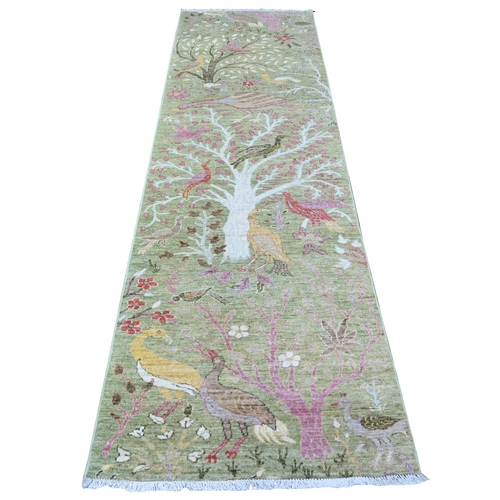Sage Green, Hand Knotted, Vegetable Dyes, Natural Wool, Afghan Peshawar with Birds of Paradise, Runner, Oriental Rug