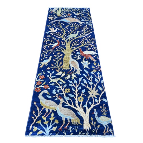 Air Force Blue, Hand Knotted, Natural Dyes, Organic Wool, Afghan Peshawar with Birds of Paradise, Runner, Oriental Rug