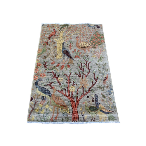 Stone Gray, Hand Knotted, Pure Wool, Afghan Peshawar with Birds of Paradise, Natural Dyes, Oriental 