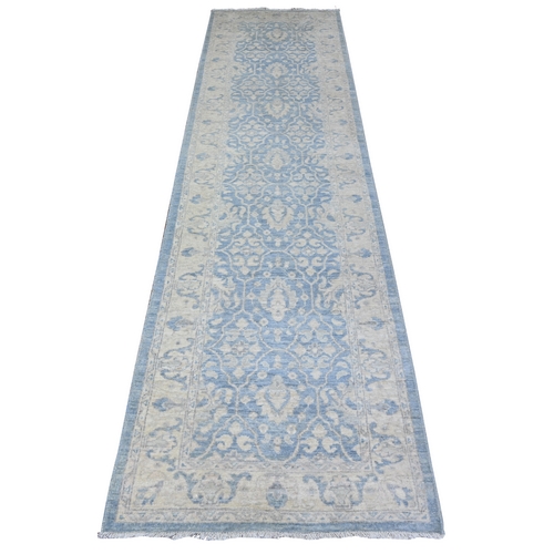 Ruddy Blue, Hand Knotted, Vegetable Dyes, Natural Wool, White Wash Peshawar, Runner Oriental 