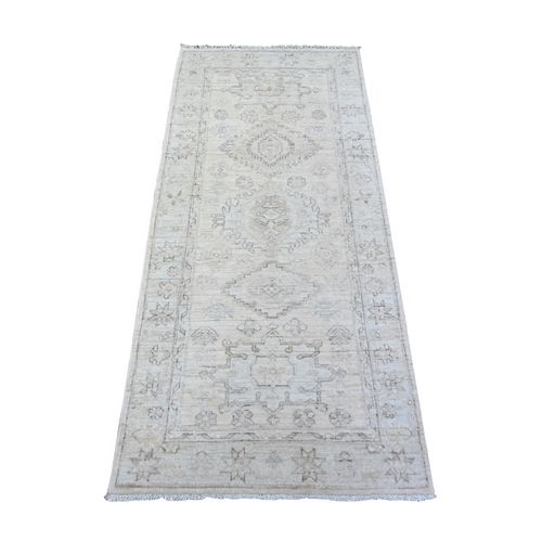Alabaster White, Pure Wool, White Wash Peshawar, Faded Out, Hand Knotted, Runner Oriental 