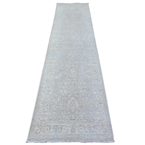 Cloud Gray, Soft Wool, White Wash Peshawar, Hand Knotted, Natural Dyes, Runner Oriental 