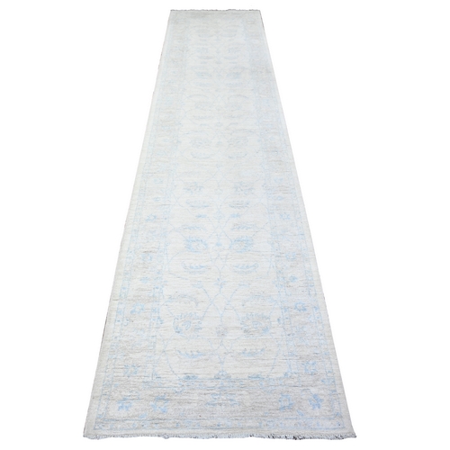 Smoke White, Washed Out Peshawar with Faded Colors, Hand Knotted, Vegetable Dyes, 100% Wool, Runner Oriental 
