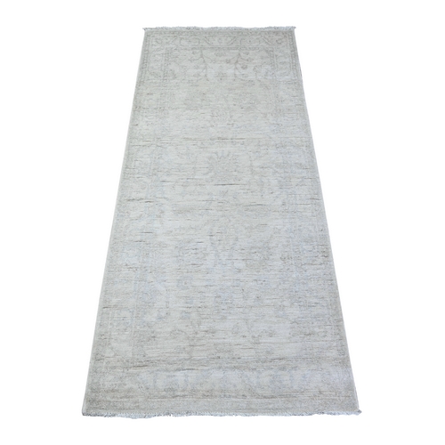 Cloud Gray, White Wash Peshawar with Faded Colors, Organic Wool, Natural Dyes, Hand Knotted, Runner Oriental 