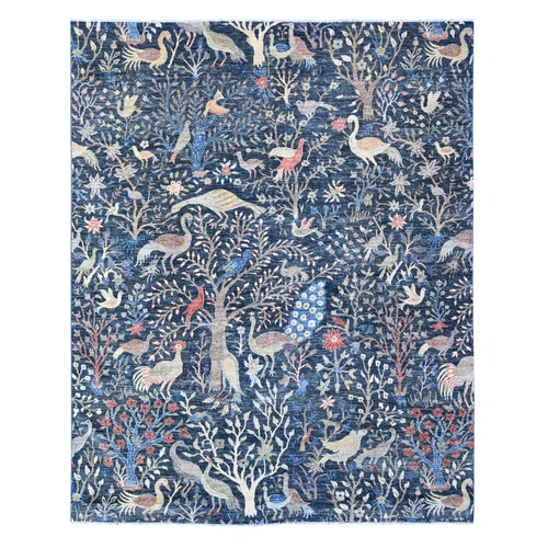 Millennium Blue, Pure Wool, Afghan Peshawar with Birds of Paradise, Hand Knotted, Natural Dyes, Oriental Rug