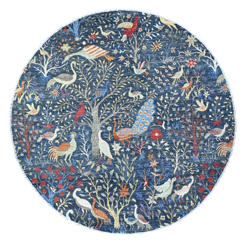 Millennium Blue, Hand Knotted, Organic Wool, Afghan Peshawar with Birds of Paradise, Vegetable Dyes, Round, Oriental Rug