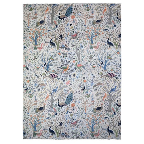 Ivory, Afghan Peshawar with Birds of Paradise, Hand Knotted, Vegetable Dyes, 100% Wool, Oriental 