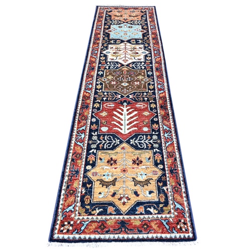 Fibonacci Blue with Harvard Crimson Red, Caucasian Akstafa Design, Fine Aryana, Pure Wool, Hand Knotted, Runner Oriental 