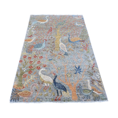 Krypton Gray, Natural Dyes Extra Soft Wool, Hand Knotted Afghan Peshawar with Birds of Paradise, Oriental Rug