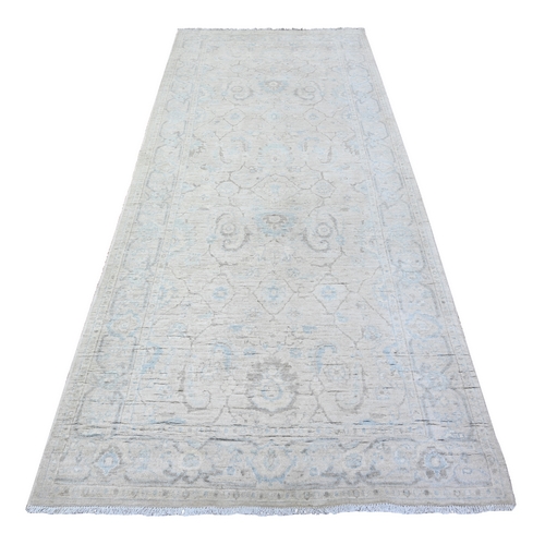 Fossil Gray, Pure Wool, White Wash Peshawar, Vegetables Dyes, Hand Knotted, Wide Runner Oriental 