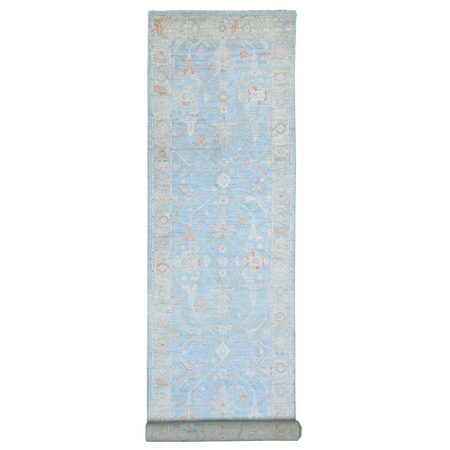 Caribbean Sea Blue, Hand Knotted, Vegetable Dyes, Natural Wool Afghan Angora Oushak All Over Pattern, Wide Runner Oriental 