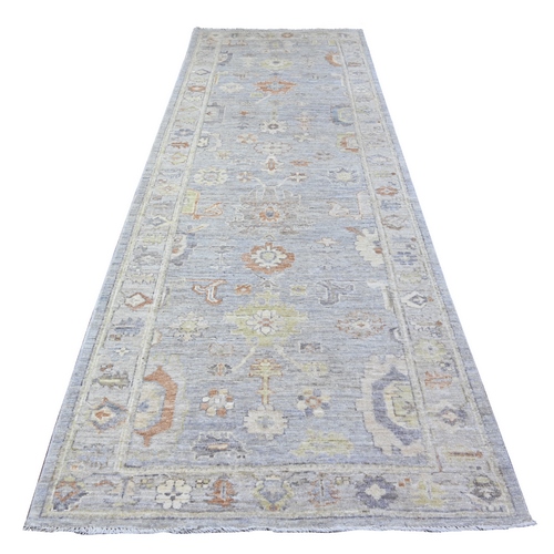 Dolphin Gray, Natural Dyes, 100% Wool Afghan Angora Oushak and All Over Motifs, Hand Knotted Wide Runner Oriental Rug