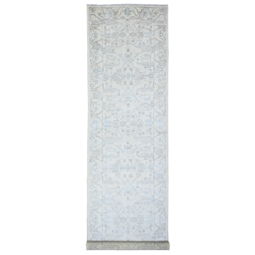 Lily White, Hand Knotted Faded Out Afghan Angora Oushak With All Over Design, Soft and Vibrant Wool, Oriental Wide Runner Rug 