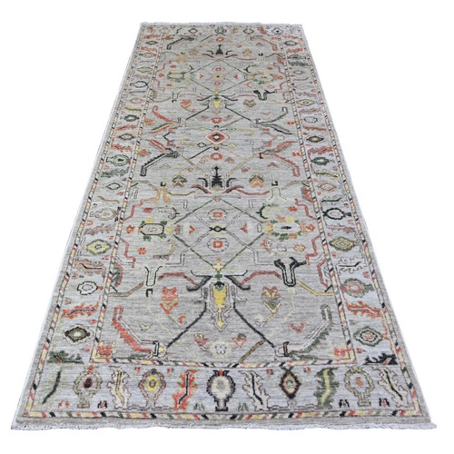 Pavillion Gray, Hand Knotted Afghan Angora Oushak with Colorful Motifs, Natural Dyes Extra Soft Wool, Wide Runner Oriental Rug