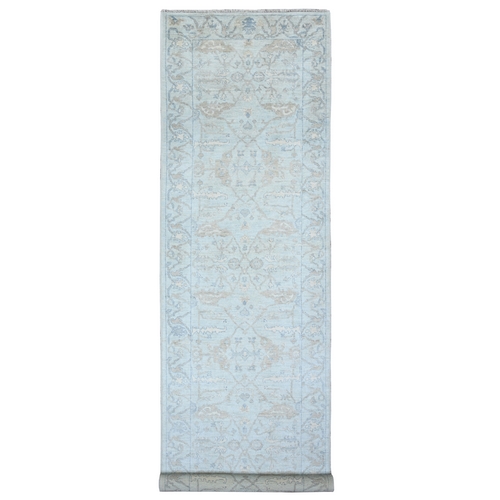 Mystical Blue, Hand Knotted Pure Wool Afghan Angora Oushak All Over Design, Vegetable Dyes Oriental Wide Runner 