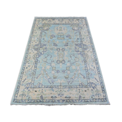 Watercolor Blue and Edgecomb Gray, Afghan Angora Oushak All Over Pattern, Soft Wool, Hand Knotted, Natural Dyes Oriental Rug