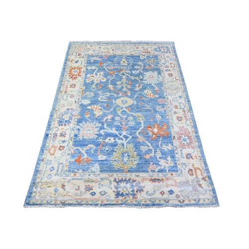 Lagoon Blue and Pale Ivory Border, Vegetable Dyes, Hand Knotted, Soft Wool, Afghan Angora Oushak Floral Motifs, Oriental Rug 