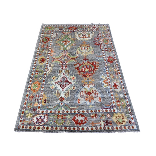Accord Gray, Extra Soft Wool Hand Knotted Afghan Angora Oushak Motifs,  Pop of Colors, Natural Dyes Oriental Rug