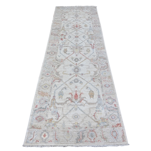 Calm Clouds White, Afghan Angora Oushak All Over Design, Soft Colors, Luxurious Wool, Runner Hand Knotted Oriental 