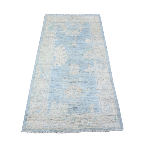 Beau Blue and Bone Gray, Hand Knotted, Afghan Angora Oushak with Large Motifs, Soft Colors, Soft Natural Wool, Runner Oriental 