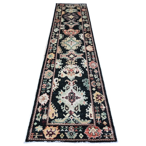 Gothic Grape Black, Hand Knotted Afghan Angora Oushak with All Over Large Motifs, Soft Shiny Wool, Pop Of Colors, Vegetable Dyes Oriental Runner Rug