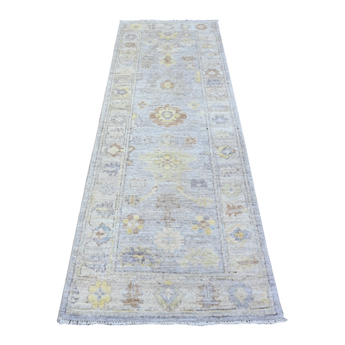 Chateau Gray, All Wool Hand Knotted Afghan Angora Oushak With All Over Floral Design, Natural Dyes Oriental Wide Runner Rug