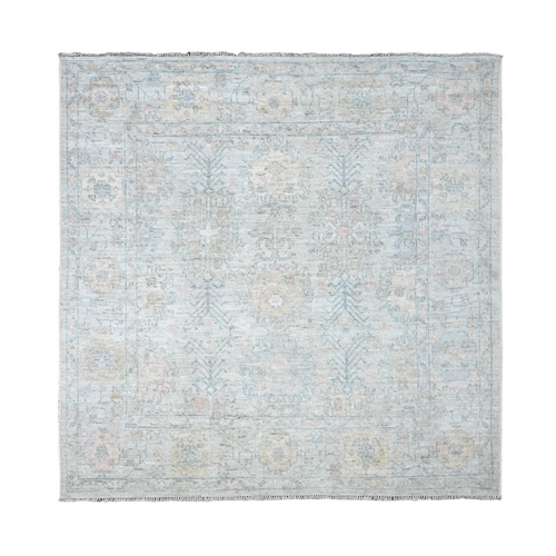 Nimbus Gray, Vegetable Dyes, Vibrant and Soft Wool, Afghan Angora Oushak with Geometric Leaf Design, Hand Knotted Oriental Square Rug