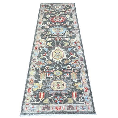 Jet Gray, Fine Peshawar with Heriz Design, Hand Knotted, Natural Dyes, Densely Woven, Organic Wool, Runner Oriental Rug