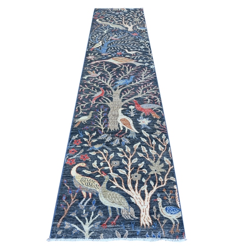 Millennium Blue, Pure Wool, Afghan Peshawar with Birds of Paradise, Hand Knotted, Vegetable Dyes, Runner, Oriental Rug