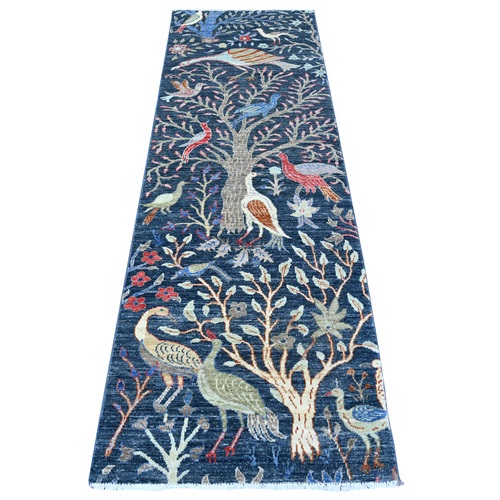 Yale Blue, Natural Dyes, Natural Wool, Afghan Peshawar with Birds of Paradise, Hand Knotted, Runner, Oriental Rug