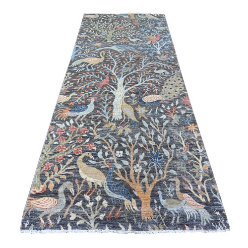 Olive Black, Organic Wool, Afghan Peshawar with Birds of Paradise, Hand Knotted, Vegetable Dyes, Wide Runner, Oriental Rug