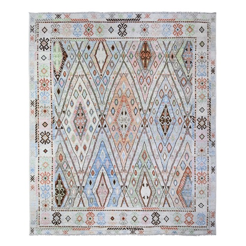 Twilight Silver, Hand Knotted Anatolian Village Inspired with Triangles Design, Pop Of Colors, Natural Dyes Shiny Wool Oriental Rug