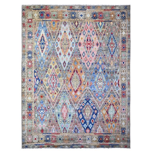 Water Worm Gray, Multicolor Anatolian Village Inspired, Triangles Design , Hand Knotted Natural Dyes, Shiny Wool, Oriental Rug