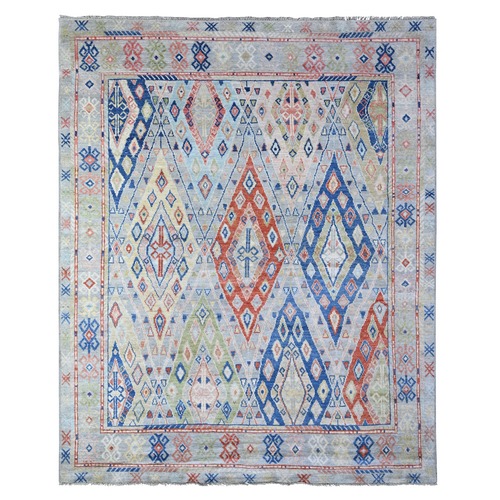 Windy Blue Gray, Pop Of Colors, Anatolian Village Inspired with Triangles Design , Hand Knotted Natural Dyes, Soft Wool, Oriental Rug