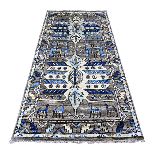 Foggy Day Gray, Anatolian Village Inspired, Geometric Design with Animal Figurines, Natural Dyes, Soft and Shiny Wool Pile Hand Knotted, Runner Oriental Rug