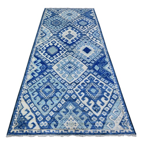 Berry Blue, Soft Wool Hand Knotted, Anatolian Village Inspired with Large Elements Design Natural Dyes, Runner Oriental Rug