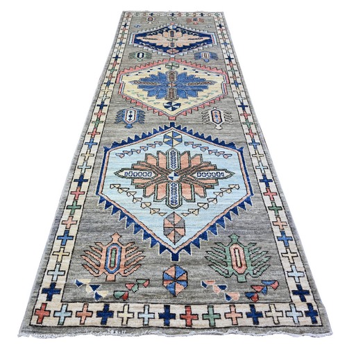Silk Gray with Whisper Silver Border, Anatolian Village Inspired Design with Large Tribal Medallions, Soft Wool Hand Knotted, Runner Oriental Rug