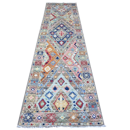 Echo Gray, Anatolian Village Inspired, Triangles Design with Pop Of Colors, Hand Knotted Natural Dyes, Soft Wool, Runner Oriental Rug