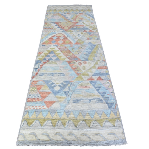 Chrome Silver, Colorful, Hand Knotted Anatolian Village Inspired with Patch Work Design, Natural Dyes Denser Weave, Soft and Velvety Wool, Runner Oriental Rug