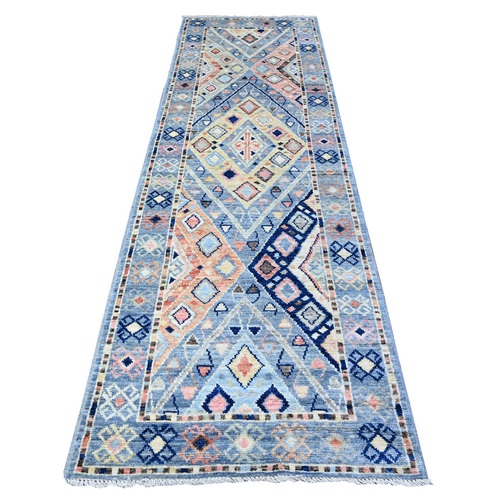 New York City Blue, Anatolian Village Inspired with Subtle Design, Hand Knotted, Natural Dyes, Shiny Wool, Runner Oriental Rug