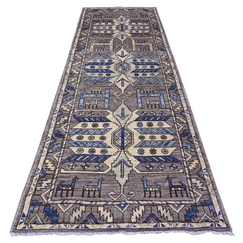 Dovetail Gray, Anatolian Village Inspired with Geometric Design, Animal Figurines, Natural Dyes, Soft and Shiny Wool Pile Hand Knotted, Runner Oriental Rug