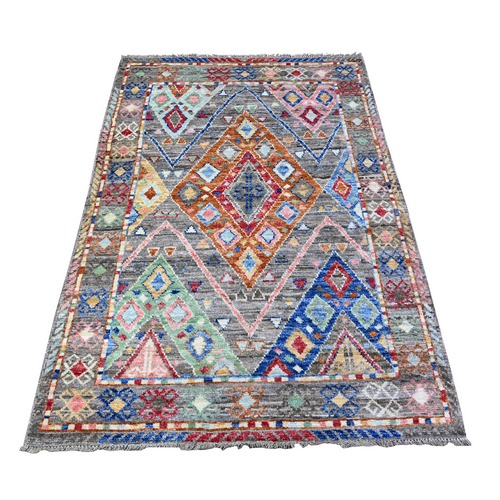 Gauntel Gray, Anatolian Village Inspired, Triangles Design with Pop Of Colors, Hand Knotted Natural Dyes, Soft Wool, Oriental Rug
